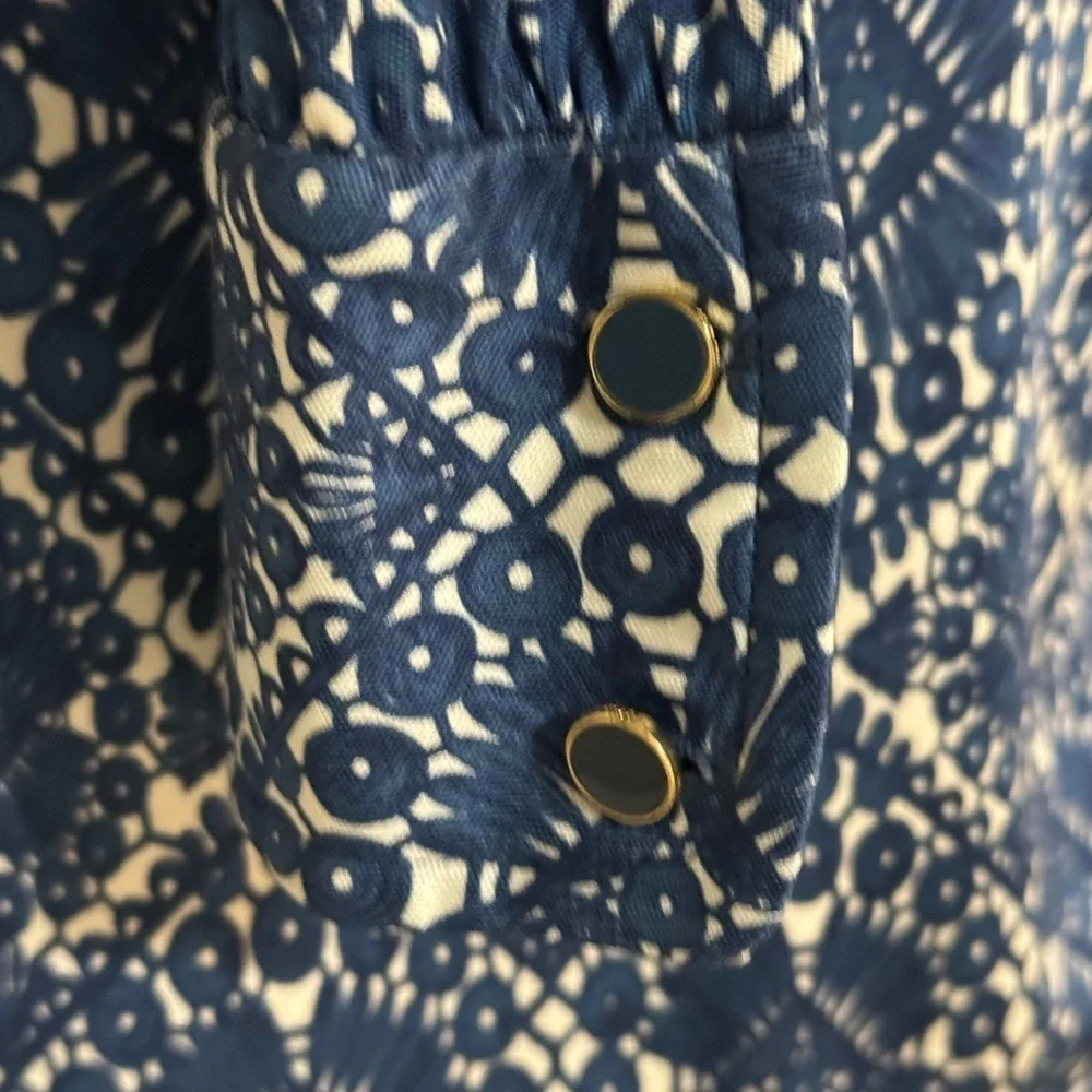 TORY BURCH Walker Long Sleeve‎ Fitted Mini Dress Navy Blue White Size M Keyhole